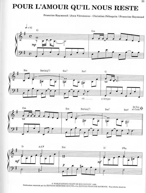 télécharger la partition d'accordéon Pour l'amour qu'il nous reste (Piano Solo) au format PDF
