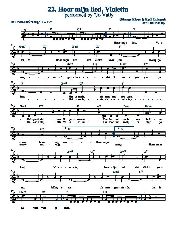 télécharger la partition d'accordéon Hoor mijn lied, Violetta (Arrangement : Luc Markey) (Chant : Jo Vally) (Tango) au format PDF