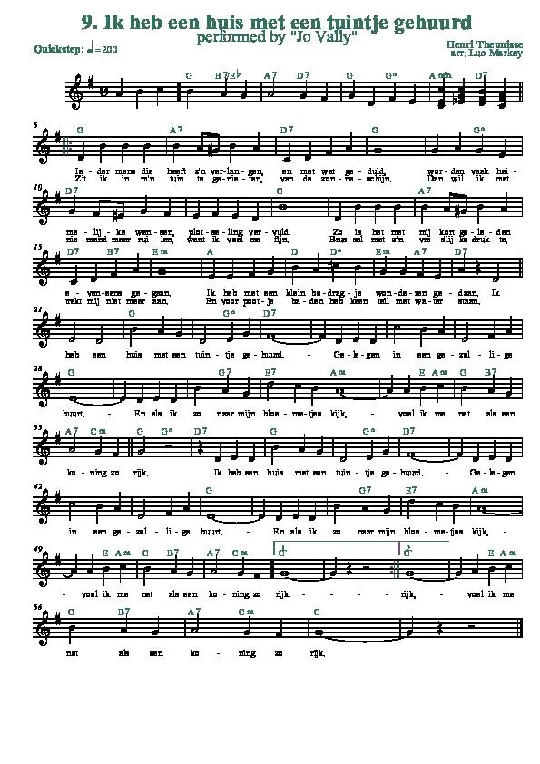 télécharger la partition d'accordéon Ik heb een huis met een tuintje gehuurd (Arrangement : Luc Markey) (Chant : Jo Vally) (Quickstep) au format PDF