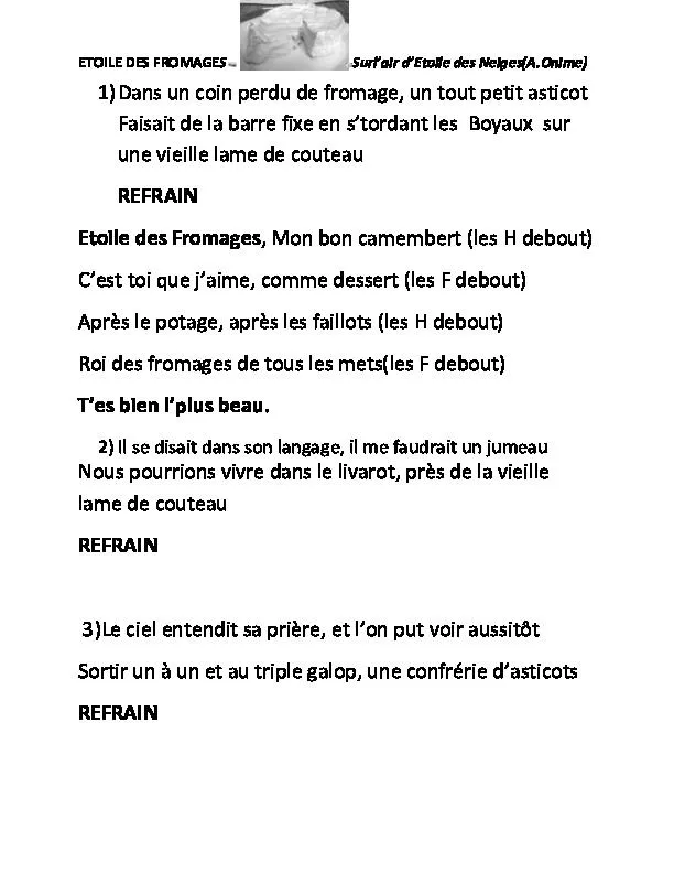télécharger la partition d'accordéon Etoile des Fromages (Sur l'air d'étoile des neiges : UNIQUEMENT Paroles) au format PDF