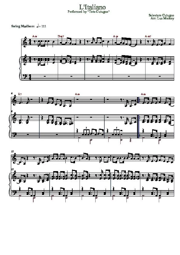 télécharger la partition d'accordéon L'Italiano (Arrangement : Luc Markey) (Chant : Toto Cutugno) (Swing Madison) au format PDF