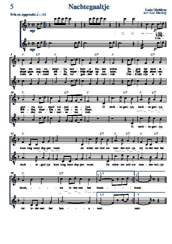 télécharger la partition d'accordéon Nachtegaaltje (Arrangement : Luc Markey) (Folk) au format PDF