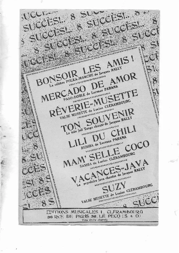 télécharger la partition d'accordéon 8 Succès : Bonsoir les amis / Mercado de amor / Rêverie musette / Ton souvenir / Lili du Chili / Mam'selle Coco / Vacances = Java / Suzy) (Polka marche / Paso Doble / Valse musette / Tango /Rumba / Samba / Java / Valse musette) au format PDF