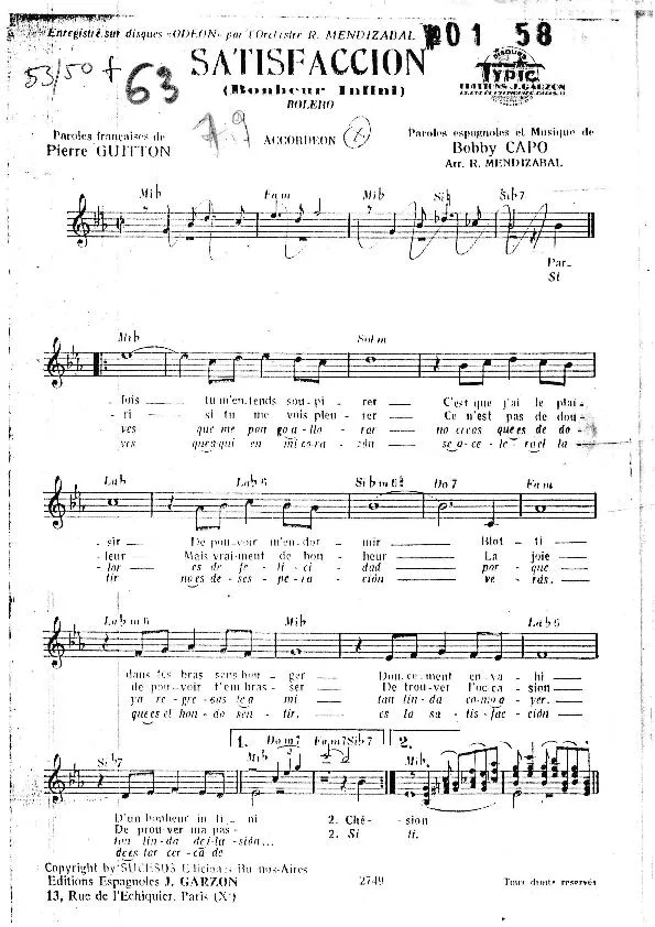 télécharger la partition d'accordéon Satisfaccion (Bonheur Infini) (Arrangement : Ramon Mendizabal) (Boléro) au format PDF