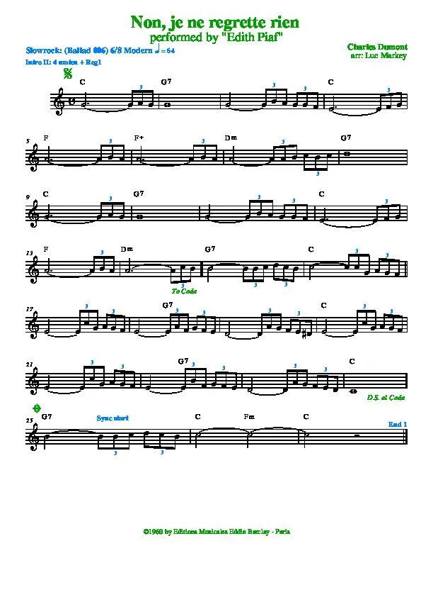télécharger la partition d'accordéon Non je ne regrette rien (Arrangement : Luc Markey) (Chant : Edith Piaf) (Slow Rock) au format PDF