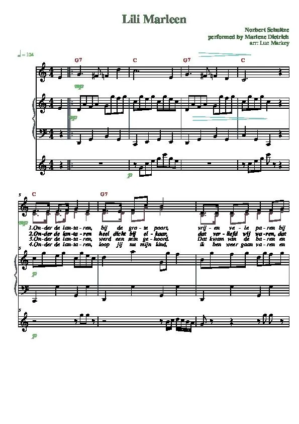 télécharger la partition d'accordéon Lili Marleen (Arrangement : Luc Markey) (Chant : Anneke Douma / Marlene Dietrich) (Marche) au format PDF