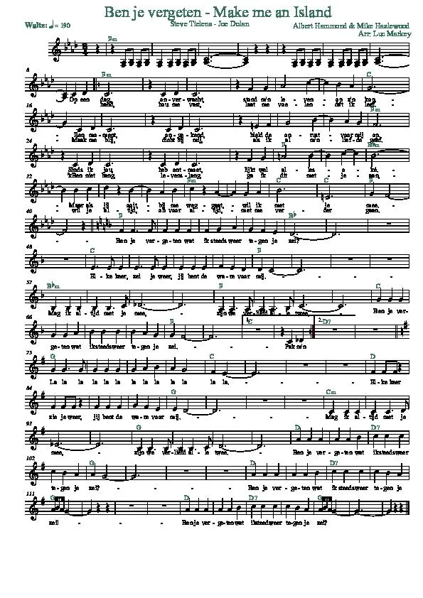 télécharger la partition d'accordéon Ben je vergeten (Make me an Island) (Arrangement : Luc Markey) (Chant : Steve Tielens / Joe Dolan) (Valse) au format PDF