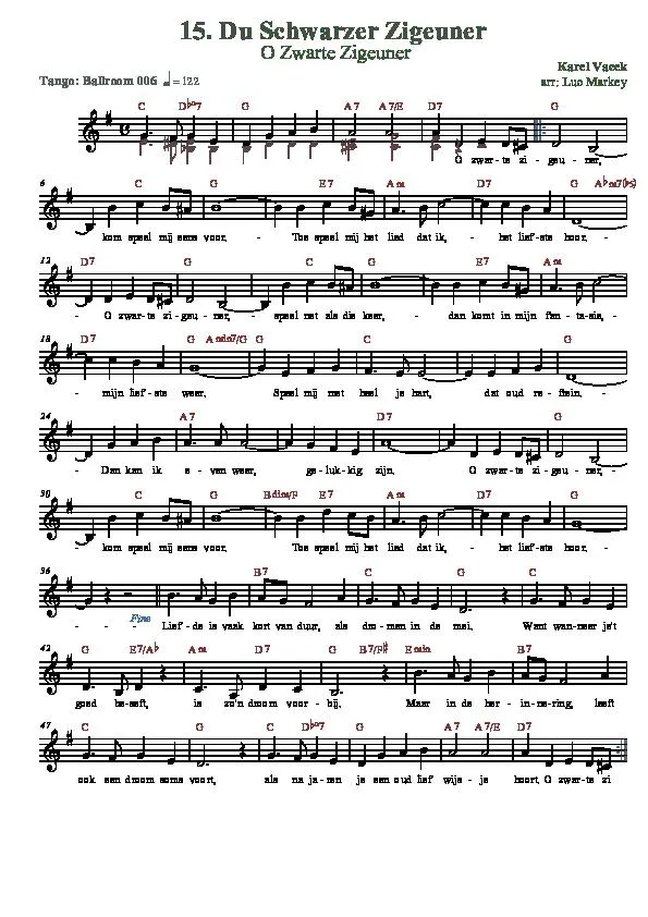 télécharger la partition d'accordéon O Zwarte Zigeuner (Du Schwarzer Zigeuner) (Arrangement : Luc Markey) (Tango) au format PDF
