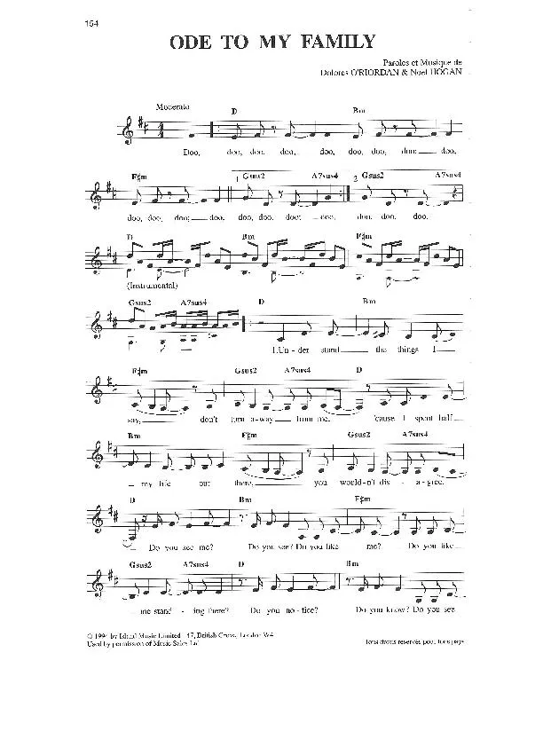 télécharger la partition d'accordéon Ode to my family (Interprètes : The Cranberries) (Slow) au format PDF