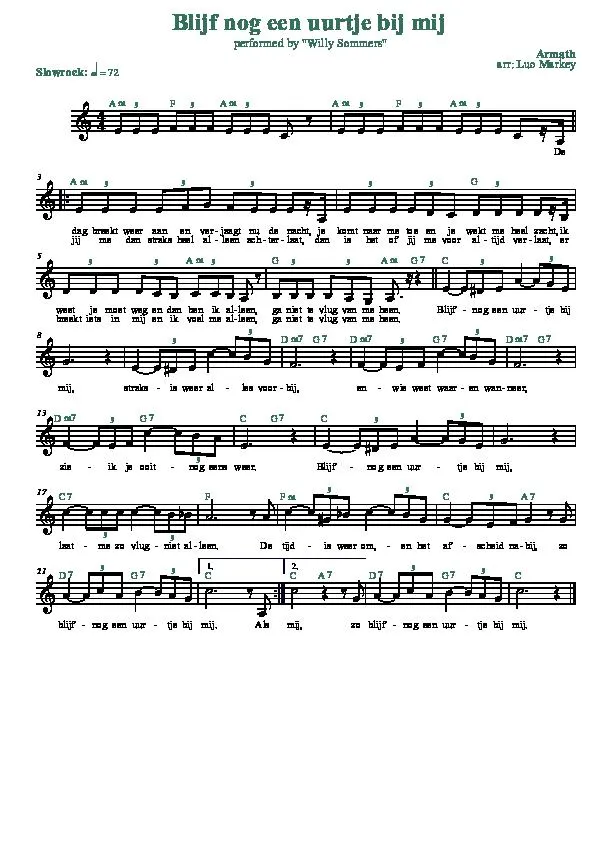 télécharger la partition d'accordéon Blijf nog een uurtje bij mij (Arrangement : Luc Markey) (Chant : Willy Sommers) (Slow Rock) au format PDF
