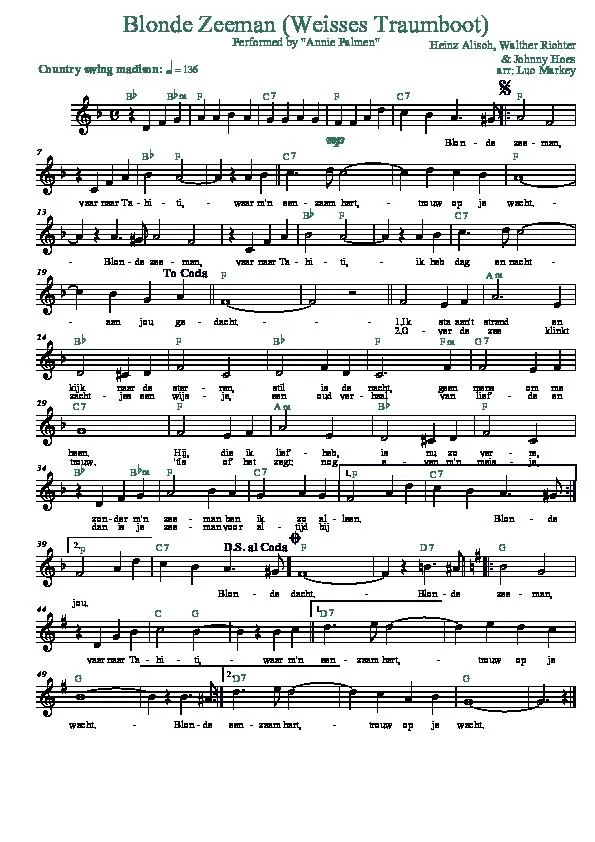 télécharger la partition d'accordéon Blonde Zeeman (Weisses Traumboot) (Arrangement : Luc Markey) (Chant : Annie Palmen) (Country Swing Madison) au format PDF