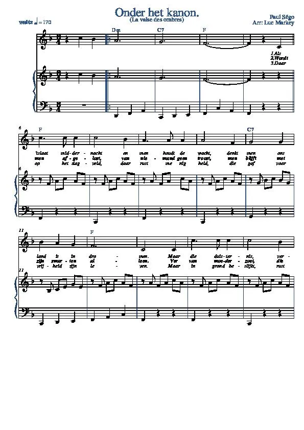 télécharger la partition d'accordéon Onder het kanon (La valse des ombres) (Arrangement : Luc Markey) (Valse) au format PDF