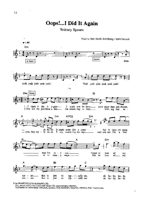 télécharger la partition d'accordéon Oops, I did it again (Chant : Britney Spears) (Funk Rock) au format PDF