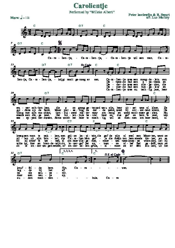 télécharger la partition d'accordéon Carolientje (Arrangement : Luc Markey) (Chant : Willeke Alberti) (Marche) au format PDF