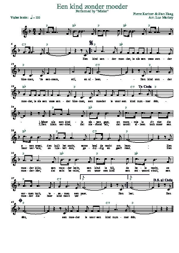 télécharger la partition d'accordéon Een kind zonder moeder (Arrangement : Luc Markey) (Chant : Mieke) (Valse Lente) au format PDF