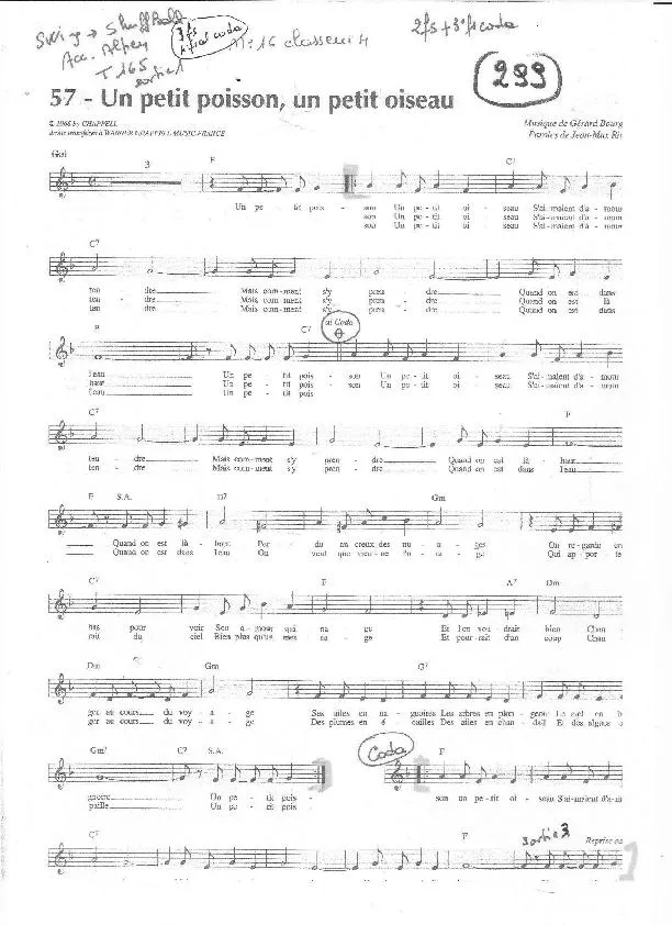 télécharger la partition d'accordéon un petit poisson Un petit oiseau (Chant : Juliette Gréco) au format PDF