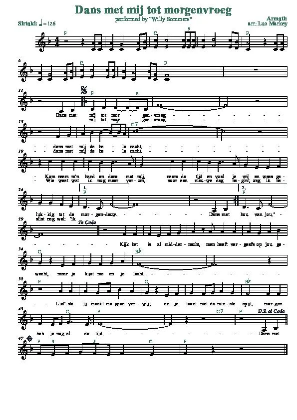 télécharger la partition d'accordéon Dans met mij tot morgenvroeg (Arrangement : Luc Markey) (Chant : Willy Sommers) (Sirtaki) au format PDF