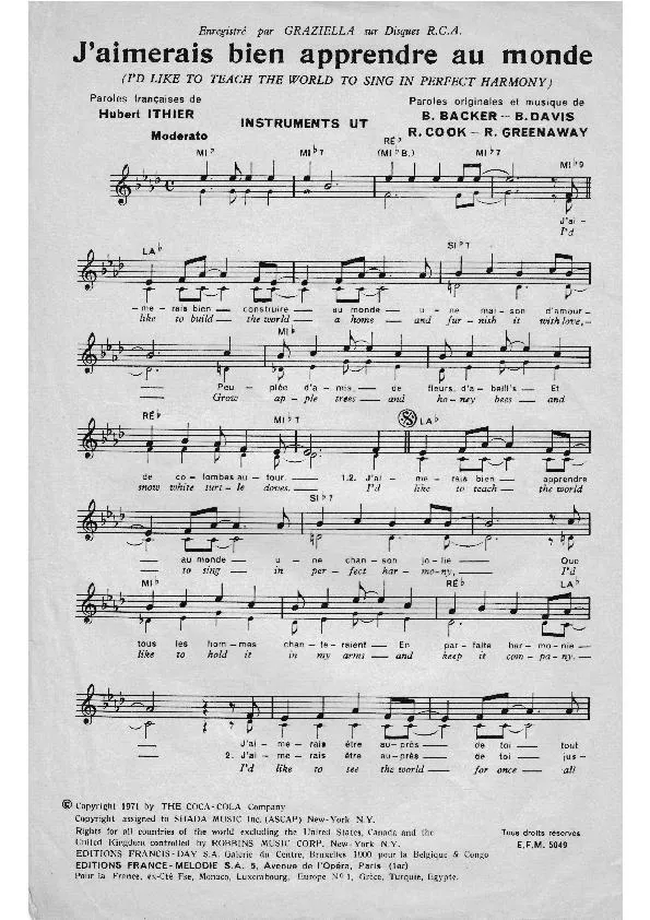 télécharger la partition d'accordéon J'aimerais bien apprendre au monde (I'd like to teach the world to sing in perfect harmony) au format PDF