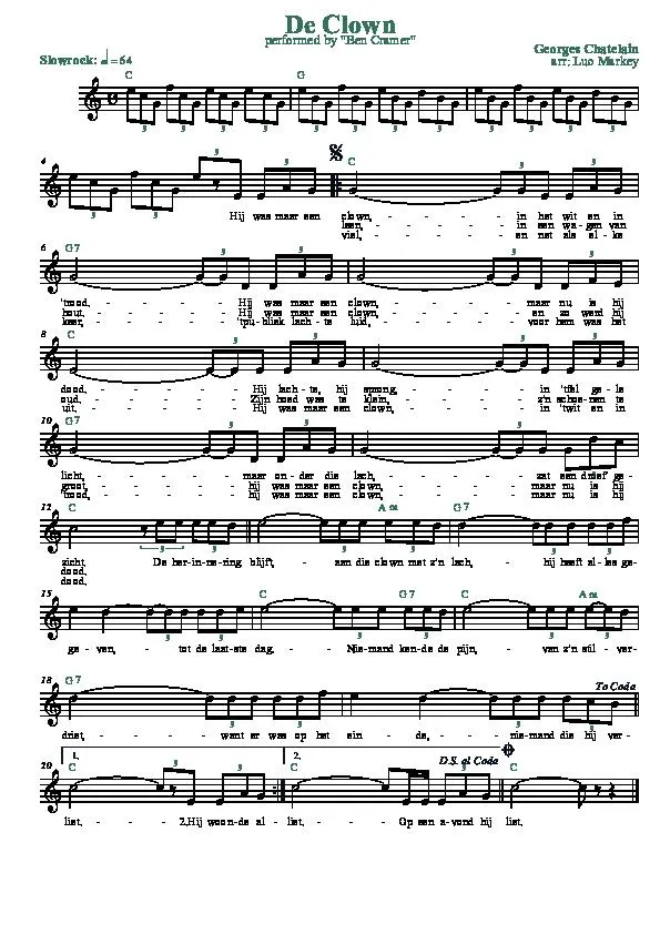 télécharger la partition d'accordéon De Clown (Arrangement : Luc Markey) (Chant : Ben Cramer) (Slow Rock) au format PDF