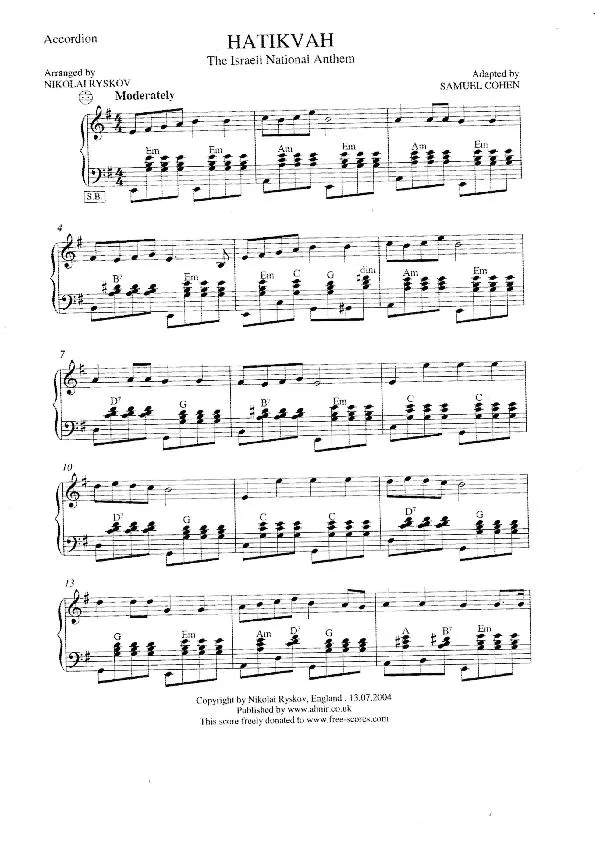 télécharger la partition d'accordéon Hatikval (The Israeli National Anthem) (Arranged by Nikolai Ryskov) (Adapted by Samuel Cohen) au format PDF