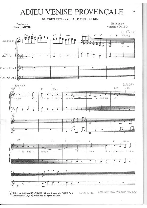 télécharger la partition d'accordéon Adieu Venise provençale (De l'Opérette : Zou ! le midi bouge) (Pour Accordéon, Guitare Basse et 2 Contrechants) (Fox) au format PDF
