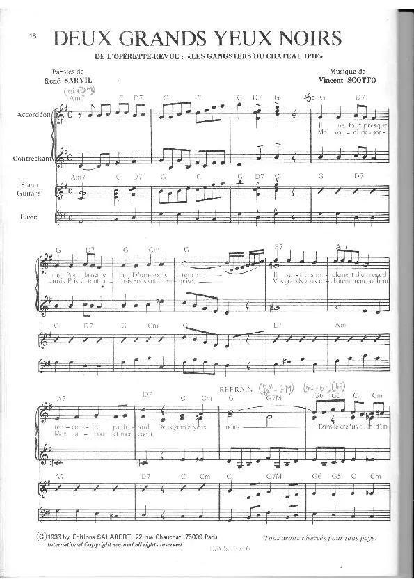 télécharger la partition d'accordéon Deux grands yeux noirs (De l'Opérette-Revue : Les gangsters du Château d'If) (Pour Accordéon / Contrechant / Piano / Guitare et Basse) au format PDF