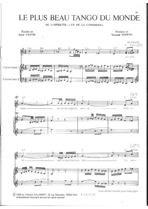 télécharger la partition d'accordéon Le plus beau tango du monde (De l'Opérette : Un de la Canebière) (Pour Accordéon + 2 Contrechants) au format PDF