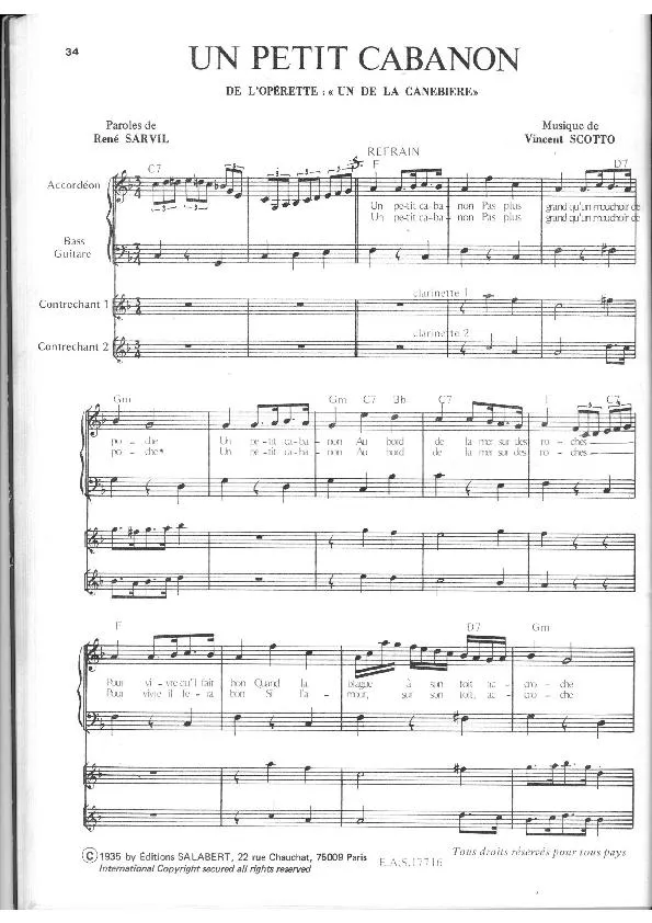 télécharger la partition d'accordéon Un petit cabanon (De l'Opérette : Un de la Canebière) (Pour Accordéon / Guitare Basse + 2 Contrechants au format PDF