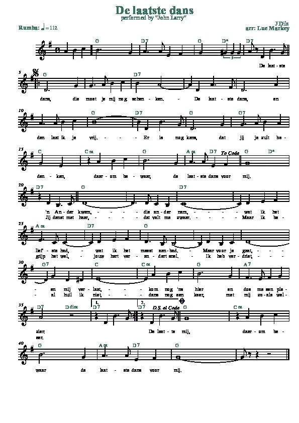 télécharger la partition d'accordéon De laatste dans (Arrangement : Luc Markey) (Chant : John Larry) (Rumba) au format PDF