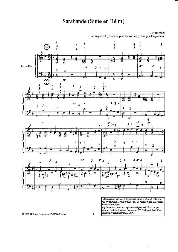 télécharger la partition d'accordéon Sarabande (Suite en Ré m) ( Arrangement pour l'accordéon de Philippe Coquemont) au format PDF