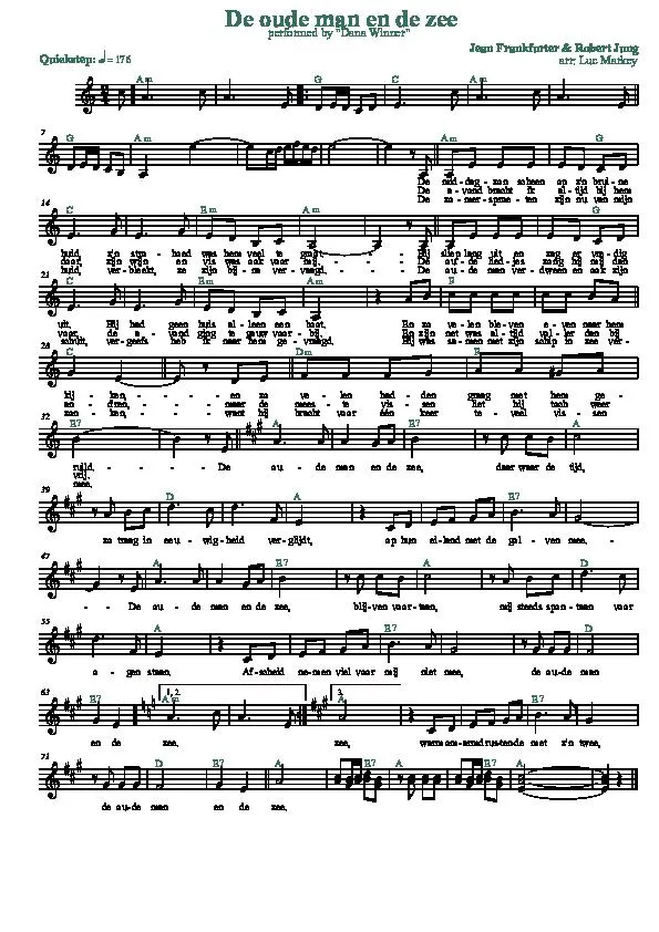 télécharger la partition d'accordéon De oude man en de zee (Der alte Mann und das Meer) (Arrangement : Luc Markey) (Chant : Dana Winner / Nicole) (Quickstep) au format PDF
