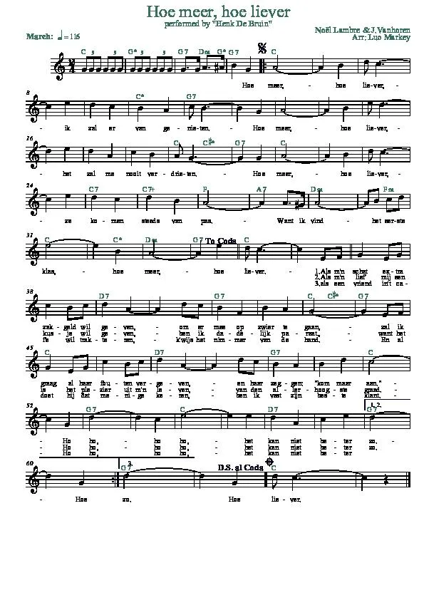 télécharger la partition d'accordéon Hoe meer, hoe liever (Arrangement : Luc Markey) (Chant : Henk De Bruin) (Marche) au format PDF