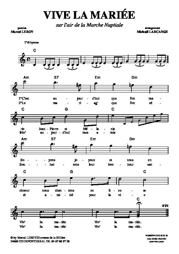 télécharger la partition d'accordéon Vive la mariée (Sur un air de la Marche Nuptiale de Felix Mendelssohn) au format PDF