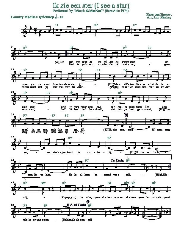télécharger la partition d'accordéon Ik zie een ster (I see a star) (Arrangement : Luc Markey) (Chant : Mouth & MacNeal) (Eurovision 1974) (Country Madison Quickstep) au format PDF