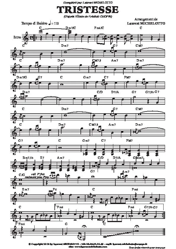 télécharger la partition d'accordéon Tristesse (D'après l'étude de Frédéric Chopin) (Boléro) au format PDF
